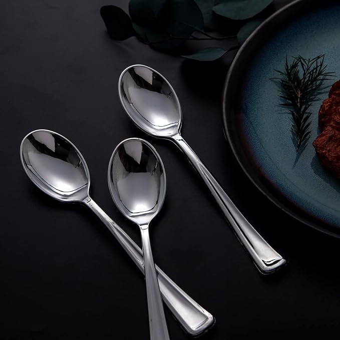 Liacere 200PCS Silver Plastic Spoons - Heavy Duty Disposable Spoons - dessert Spoons for Wedding & Party & New Year & Valentine's Day& Christmas