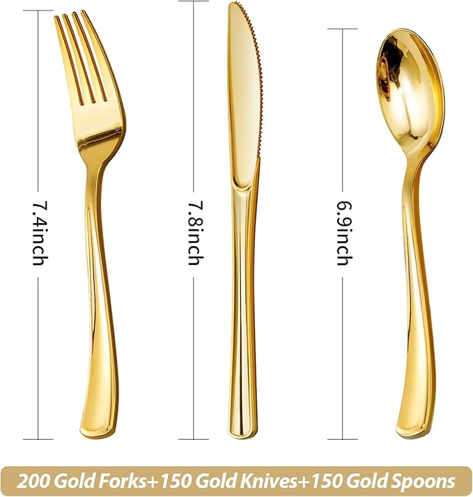 Goodluck 500PCS Gold Plastic Silverware, Gold Utensils Disposable, Plastic Cutlery Set of 200 Forks, 150 Spoons, 150 Knives for Wedding, Party, Birthday, Holidays