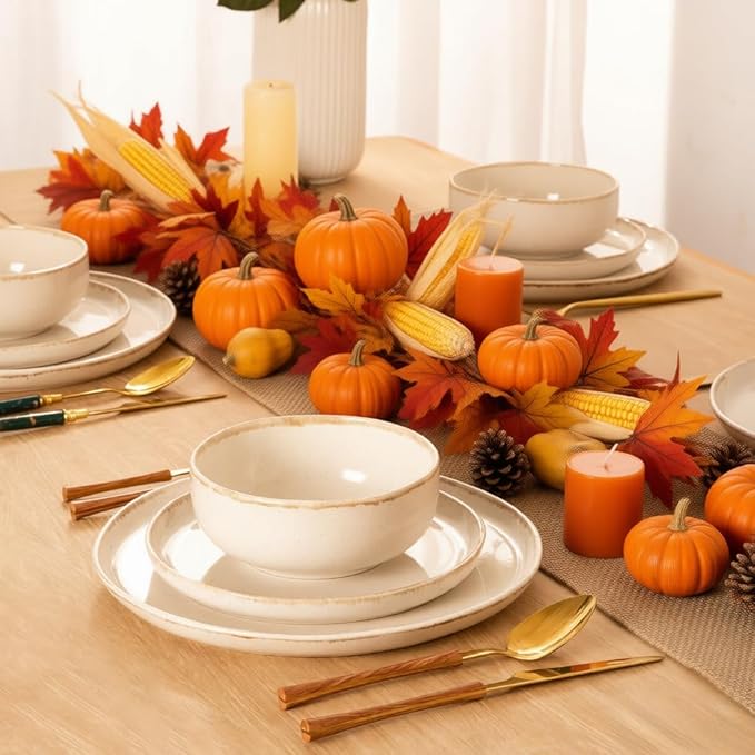 AmorArc Ceramic Dinnerware Sets, Wavy Rim Stoneware Plates and Bowls Sets, Highly Scratch Resistant | Dishwasher & Microwave Dishes set, Service for 6 (18pc)-Speckled Cappuccino