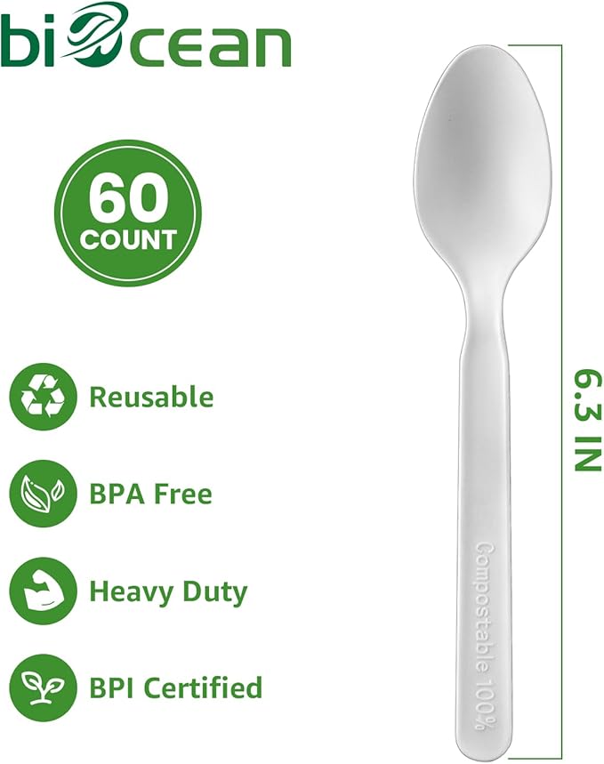 100% Compostable Spoons 60 Count Disposable Soup Spoons Heavy Duty Utensils Disposable Silverware Eco Friendly Flatware for Party Camping Picnics Wedding-Ivory White