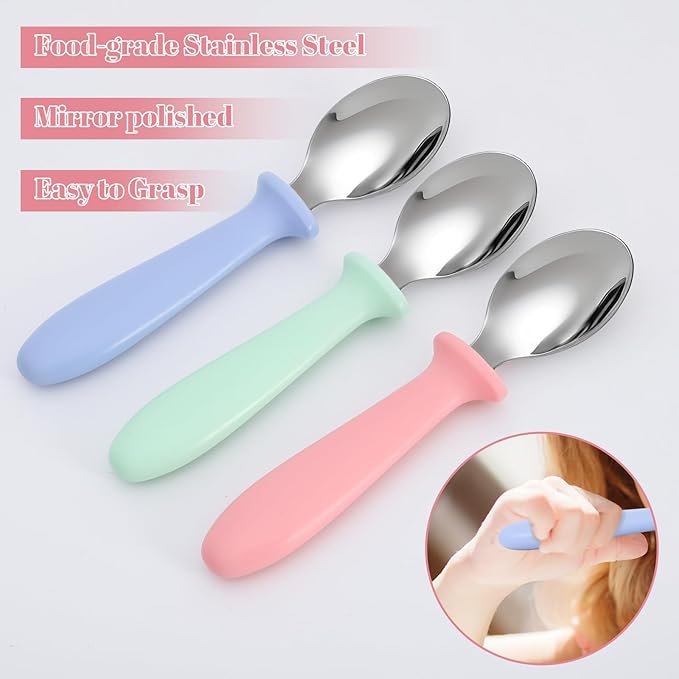 Pimoys 6-Pack Stainless Steel Toddler Spoons Baby & Kids Utensils for Self-Feeding Plastic Handle Dishwasher Safe