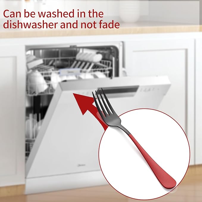 Black and Red Dinner Fork, 18/0 Red handle Stainless Steel Satin Finish 8.1-inch Silverware Flatware Fork Set, Set of 12, Dishwasher Safe