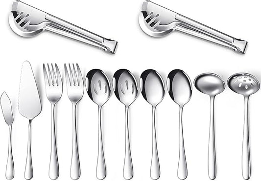 Patelai Serving Utensils Set Include Stainless Steel Large Spoons Slotted Spoons Forks Tongs Soup Ladle and Pie Server for Parties Buffet Catering, Dishwasher Safe(Silver,12 Pieces)