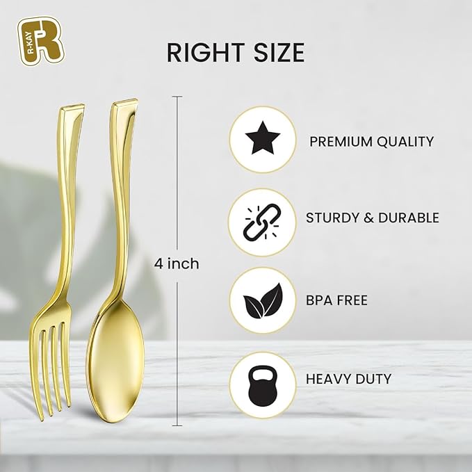 100 Combo Pack 50 Gold Mini Forks And 50 Gold Mini Spoons 4 Inch Dessert Forks And Spoons - Heavy duty Mini Cutlery, Tastings, Cocktails, Dessert Cups.