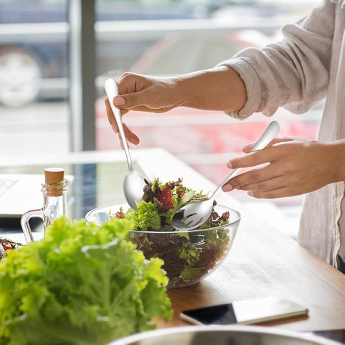 Salad Servers Stainless Steel Salad Serving Set Salad Spoon and Fork Set Kitchen Cooking Utensil Cutlery Gifts Set of 6 (Silver)