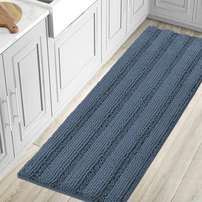 H.VERSAILTEX Bath Rugs for Bathroom Non Slip Bath Mats Thick Chenille Striped Bath Rug Runners 59" x 20" Absorbent Fluffy Soft Shaggy Mats Dry Fast Plush Area Carpet for Bath Room - Blue Indigo