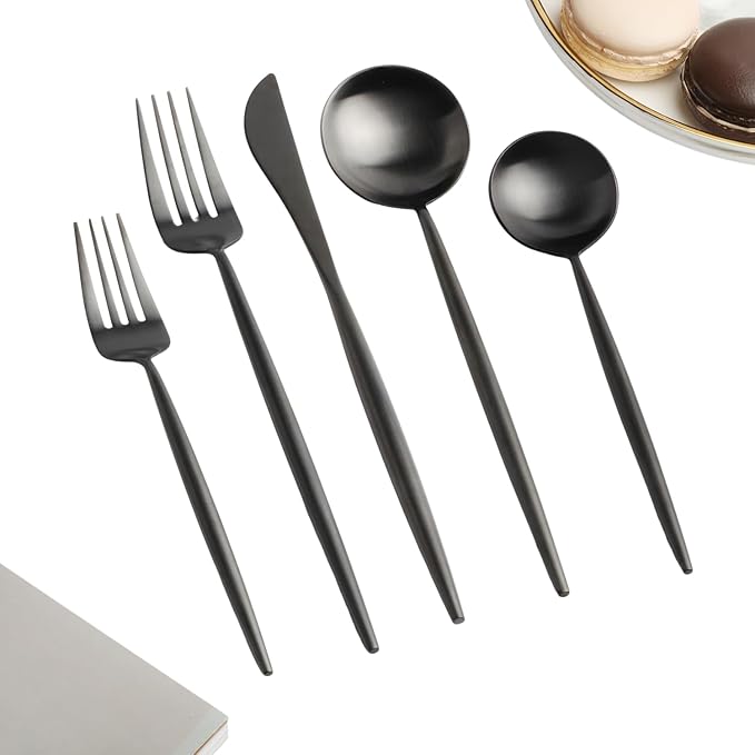 Homelux Theory 2 Sets of 5pc Matte Black 18/10 Stainless Steel Flatware, Stainless Steel Kitchen Utensils, Modern Utensils & Contemporary Flatware Set, Elegant Adaline Royal Forks Spoons Cutlery Set