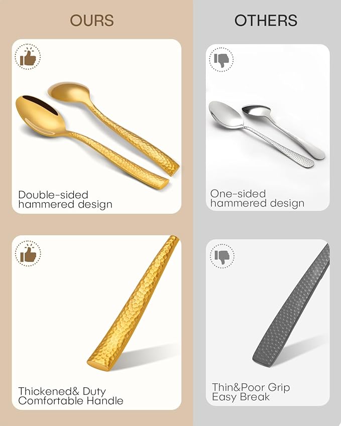 Silverware Set,Ollex 40-Piece Hammered Gold Flatware Cutlery Set for 8 Mirror Finished with Anti-rust stainless steel Spoon Knives Forks for Kitchen Hotel Party Modern Utensil Sets, Dishwasher Safe