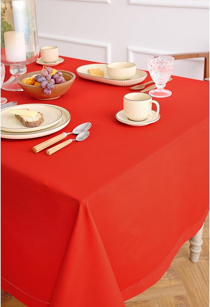Solino Home Cotton Linen Tablecloth for Rectangle Tables 58 x 120 Inch - Hemstitch Poppy Red Table Cloth - Machine Washable Cloth Tablecloth for Valentines, New Year
