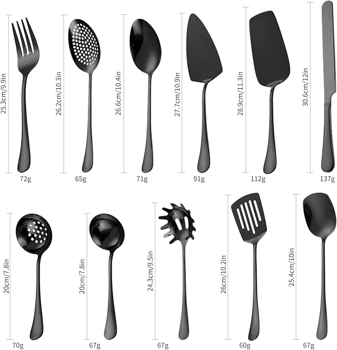 Black Utensils Catering Set 11-Piece Stainless Steel Spatula Turner Serving Spoon Fork Skimmer Ladle Cake Server Cutter, Buffet Banquet Kitchen Restaurant Hostess Set Easy to Clean