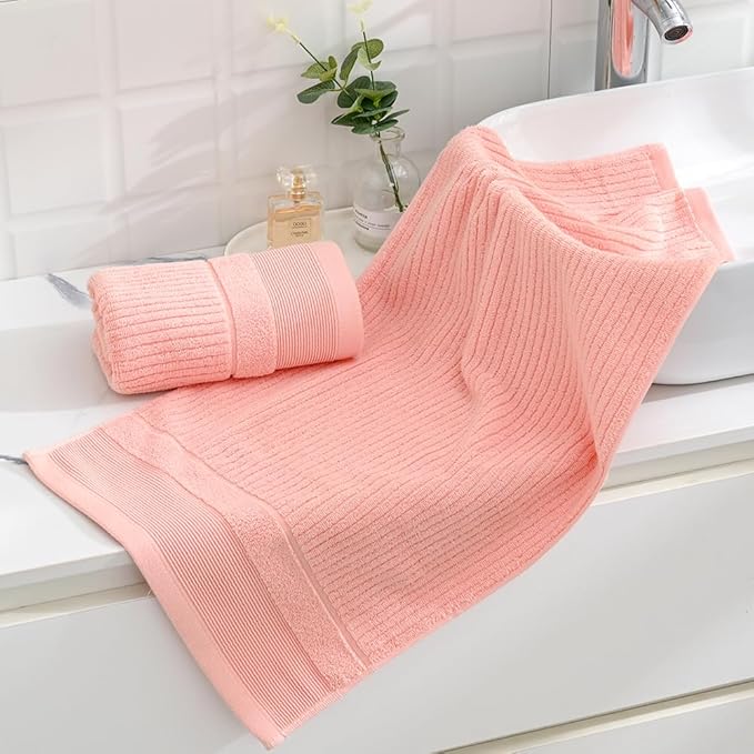 sense gnosis Pink Hand Towel Set of 2 Soft Absorbent Ribbed Striped Pattern 100% Cotton Hand Towel for Bathroom Decorative 13 x 29 Inch