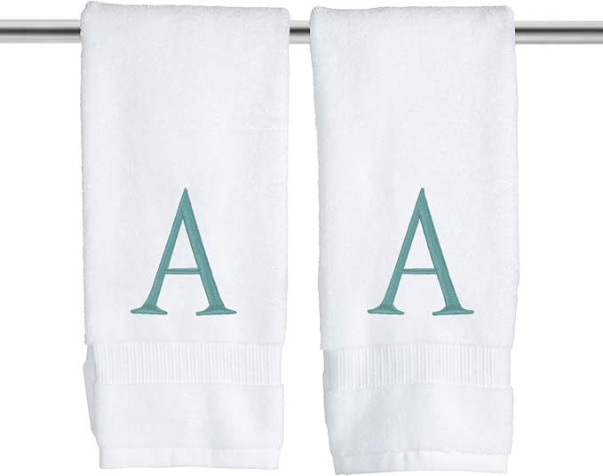 Teal Monogrammed Hand Towels for Bathroom - Teal and White Luxury Hotel Quality Personalized Initial Decorative Embroidered Towel for Powder Room, Spa - GOTS Organic Certified - Set of 2 Letter A