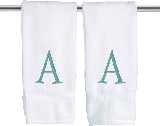 Teal Monogrammed Hand Towels for Bathroom - Teal and White Luxury Hotel Quality Personalized Initial Decorative Embroidered Towel for Powder Room, Spa - GOTS Organic Certified - Set of 2 Letter A