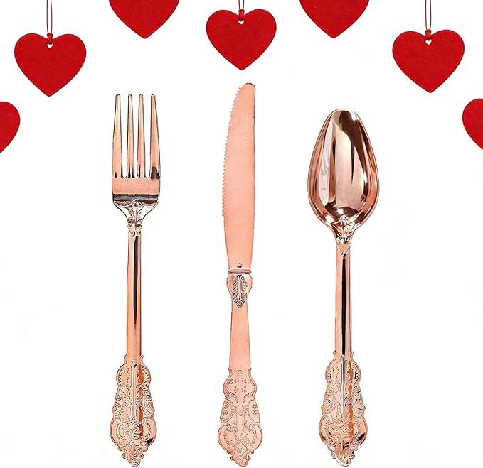 WDF-300 Pieces Rose Gold Plastic Silverware- Disposable Flatware -Heavyweight Plastic Cutlery- Includes 100 Forks, 100 Spoons, 100 Knives for Wedding& Parties