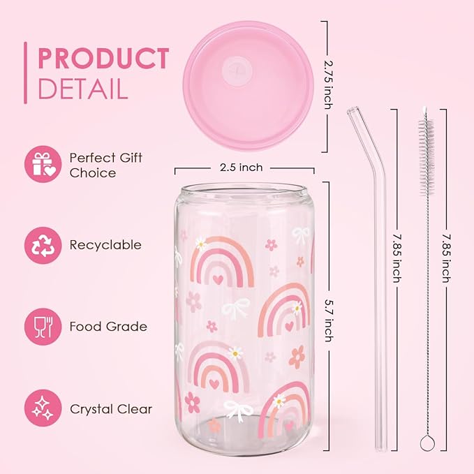 Rainbow 16oz Can Glass Tumbler with Acrylic Lid & Straw, Iced Coffee Cup for Women Girls, Aesthetic Cups Gifts for Birthday Christmas