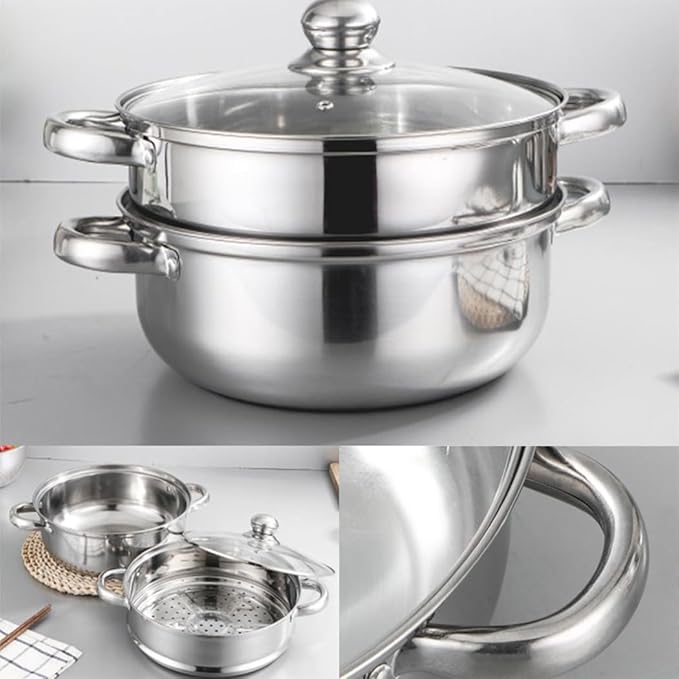 Steamer Pot for Cooking 8.8 inch Steamer Pot 2-tier Multipurpose 18/8 Stainless Steel Steam Pot Cookware with Lid for Vegetable, Dumpling, Stock, Sauce, Food