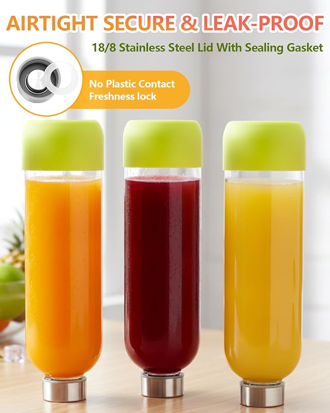 Zukro 32 oz Glass Juice Bottles With Lids, 3 Pack Large Clear Glass Bottle with Airtight Stainless Steel Lids For Juicing, Water, Homemade Drinks, Non-slip Silicone Base, Leak Proof & BPA Free