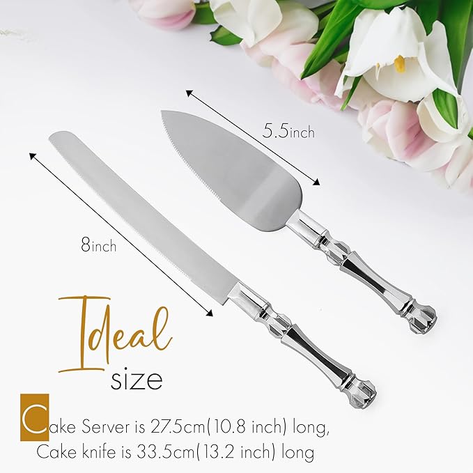 Cake Knife and Server Set, Cake Cutter and Pie Spatula, Cake Server and Knife Set with Acrylic Crystal Handles, Cake Cutting Set for Wedding Cake – 1.2mm Thick Blades, Birthdays, and Parties (Silver)