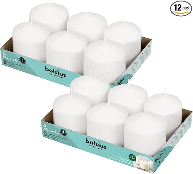 BOLSIUS 12 White Pillar Candles Bulk - 3x3 Inches Candle Set - 25+ Hours Clean Burning - No Palm Oil - 0% Animal Fat - Premium European Quality - Unscented Dripless Emergency Pillars