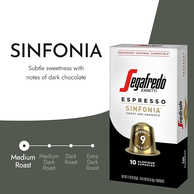 Segafredo Zanetti Espresso Capsules – Aluminum Pods for Nespresso Original Machines – Medium Roast Premium Espresso with a Sweet Aroma – Subtle, Intensity 9 – Sinfonia, 10 Count (Pack of 4)