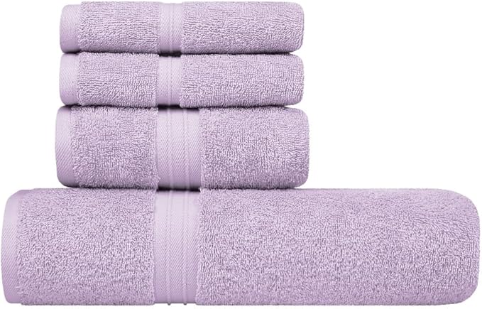 Hotel Quality Towels Set of 4-100% Cotton & Decorative Cute, 100% Cotton - Includes 1 Bathroom Towel (28" x 56"), 1 Hand Towel (16"x28") and 2 Wash Cloths (12"x12") - Lilac