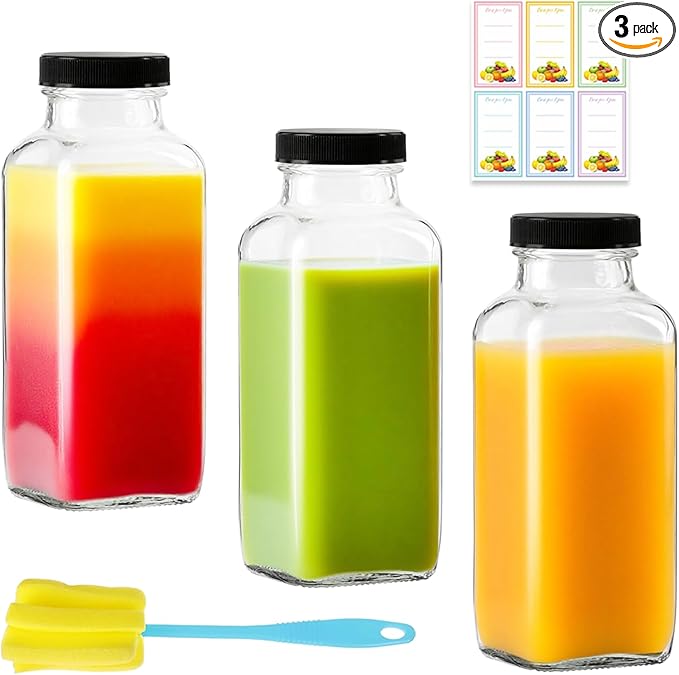 3 Pack 12oz Glass Drink Bottles with Lids, 360ml Vintage Glass Water Bottles with Caps, Reusable Juice Containers Drinking Jars for Juicing, Milk, Ginger, Kombucha, Beverage