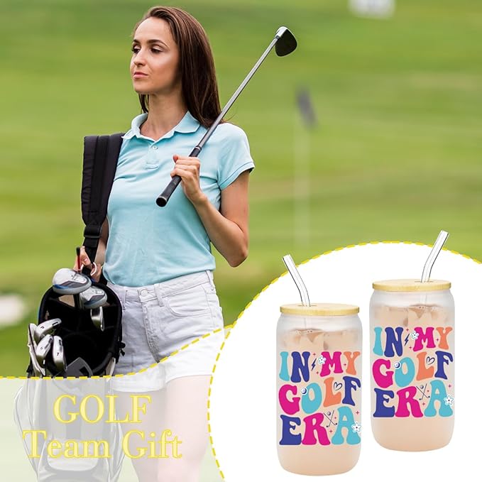 Golf Gifts, Iced Coffee Cup, Golf Accessories for Women, 16 oz Coffee Glass Cups with Lids Straws, Birthday Christmas Gifts for Women Girls Mom Friends Golfers Coaches Players, Party Favors