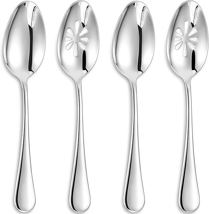 KEAWELL Premium Verona 4-Piece 9 inch Spoon Set – 18/10 Stainless Steel, Heavy-Duty Mirror-Finished Flatware for Daily Meals, Hosting and Special Occasions (4, Serving Spoons and Slotted Spoons)