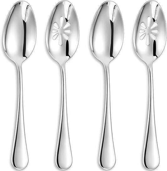 KEAWELL Premium Verona 4-Piece 9 inch Spoon Set – 18/10 Stainless Steel, Heavy-Duty Mirror-Finished Flatware for Daily Meals, Hosting and Special Occasions (4, Serving Spoons and Slotted Spoons)