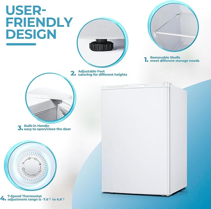 3.0 Cu.ft Upright Freezer, Small Mini Freezer with Adjustable Thermostat, Removable Shelves, Reversible Single Door, for Bedroom/Home/Dorms/Apartment, White