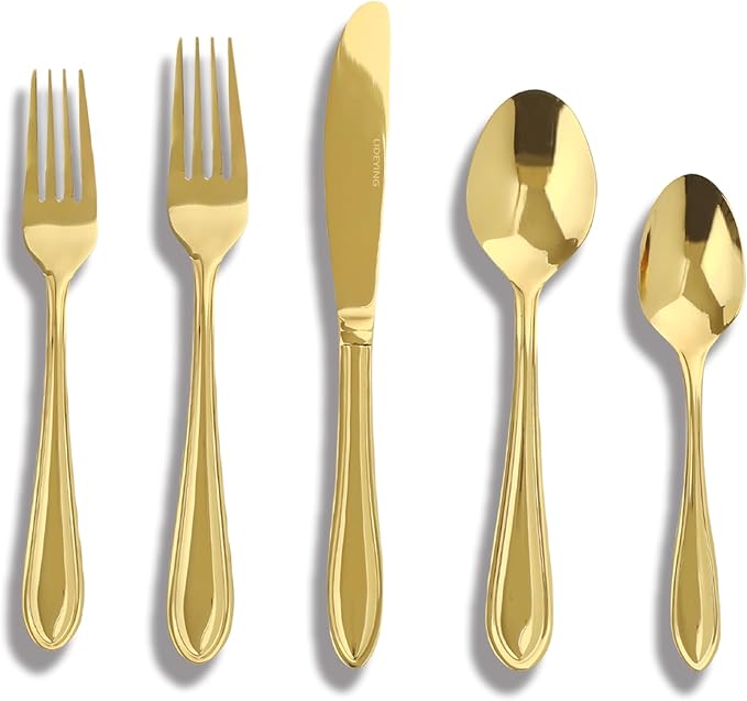 Gold Silverware Set, 40 Piece Flatware Cutlery Set for 8,18/0 Stainless Steel Utensils,Mirror Polished Modern Tableware for Home & Kitchen Dining Wedding, Party