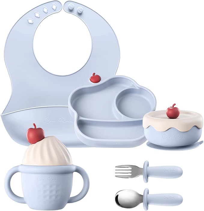Silicone Baby Feeding Set, Gelato Collection Baby Led Weaning Supplies, First Self-Feeding Set with Suction Bowl & Plate, Sippy Cup & Bib, Fork & Spoon - Blue