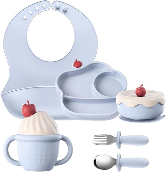 Silicone Baby Feeding Set, Gelato Collection Baby Led Weaning Supplies, First Self-Feeding Set with Suction Bowl & Plate, Sippy Cup & Bib, Fork & Spoon - Blue