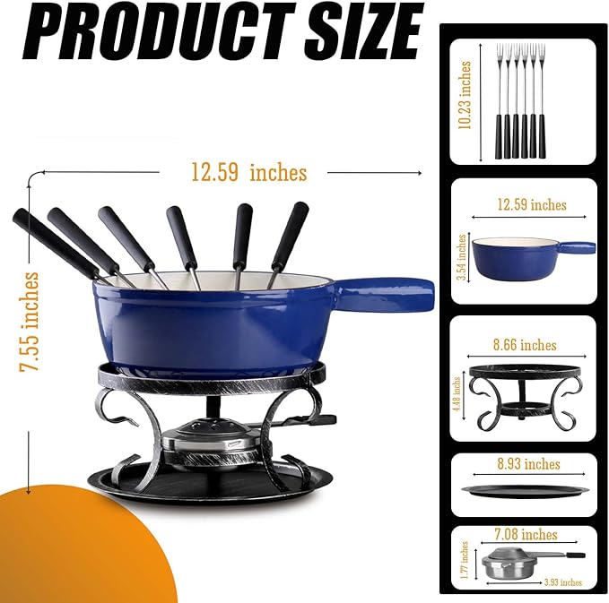 Artestia Swiss Fondue Set – Cast Iron Traditional 2L Cheese & Chocolate Fondue Pot for 4-6 People – Ideal for Melting Cheese, Chocolates, Caramel, & More, Blue