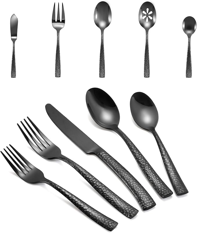 Silverware 65-Piece Black Hammered Flatware Set with Serving Utensils Stainless Steel Thick Handle Mirror Polished Cutlery Set for Wedding Hotel Restaurant, Service for 12
