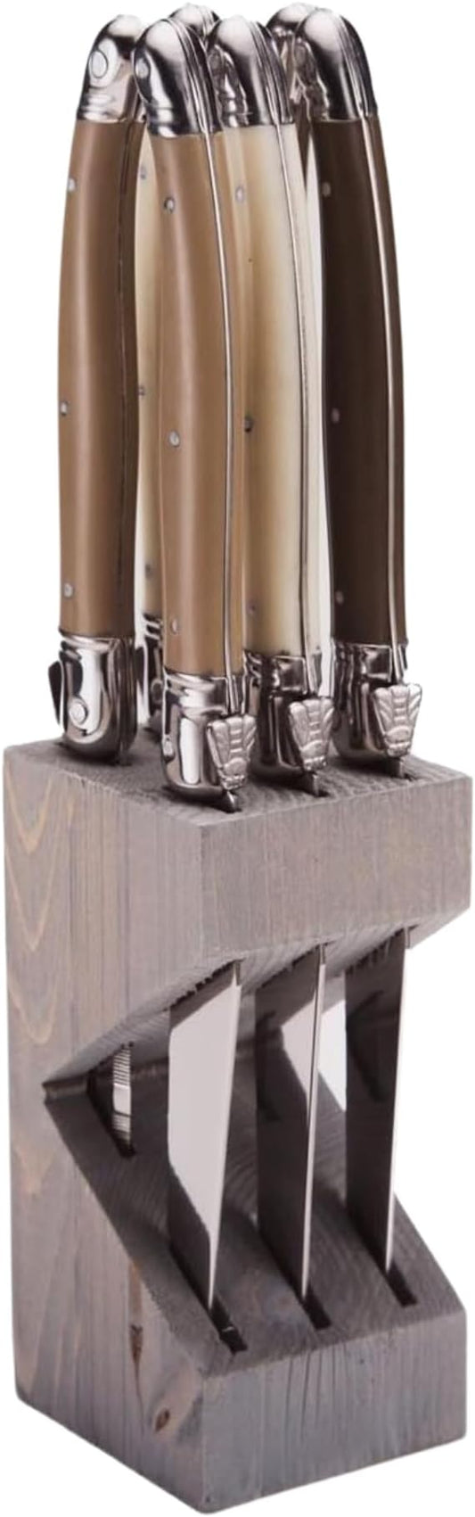 Jean Dubost 6 Steak Knives Linen Handles in a Wood Block