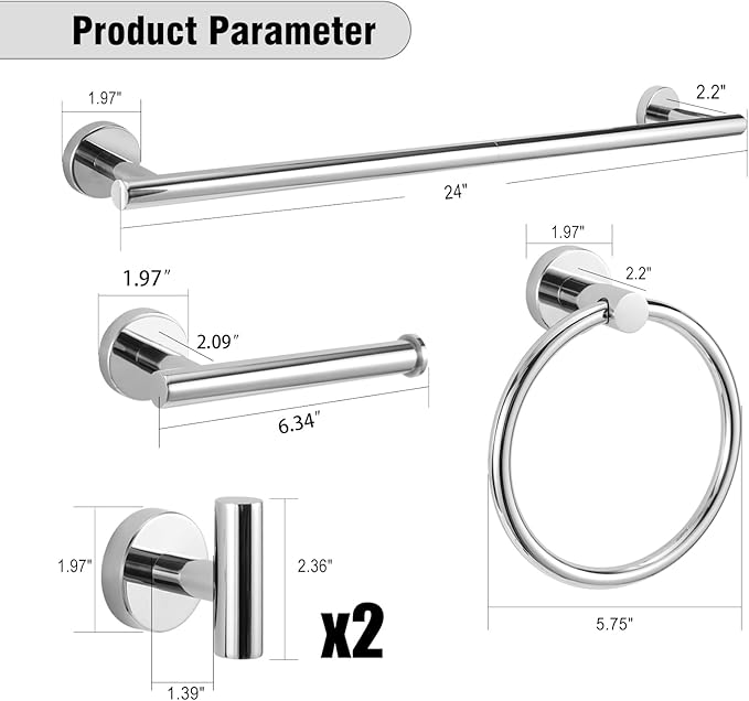 5-Piece Towel Racks for Bathroom, Stainless Steel Bathroom Accessories Set, Bathroom Towel Holder Wall Mounted, Sturdy Bath Towel Bar Set Bathroom Hardware Set (Chrome)