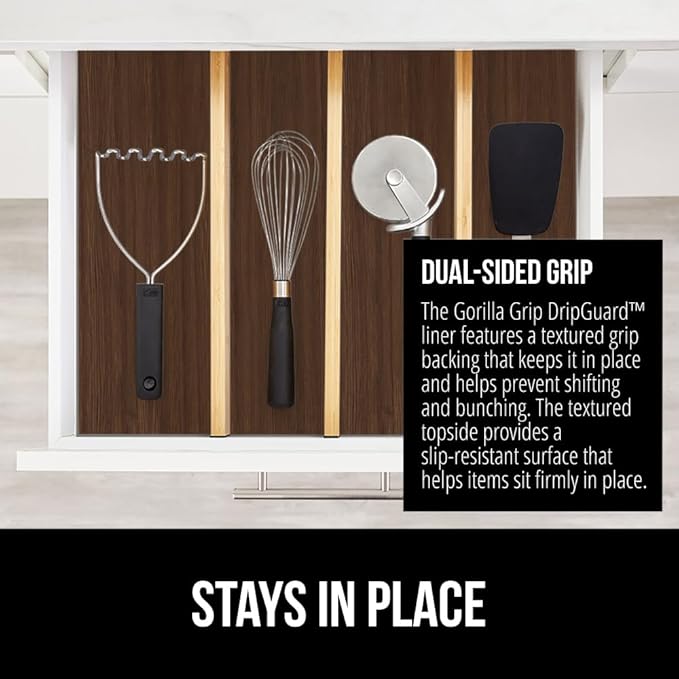 GORILLA GRIP DripGuard Shelf Liner, Non Adhesive Drawer and Kitchen Cabinet Protector, Slip Resistant BPA Free Smooth Surface Plastic Liners for Cabinets, Bathrooms, Closets, 12x240 Inch, Wood