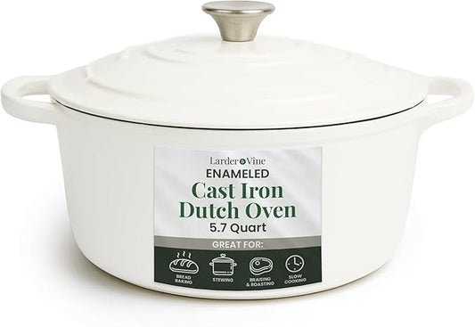 Larder & Vine Enameled Cast Iron 5.7qt Dutch Oven Pot with Lid | Bread Baking | Compatible on All Cooktops & Oven Safe to 500° F | Great for Sourdough Bread | White