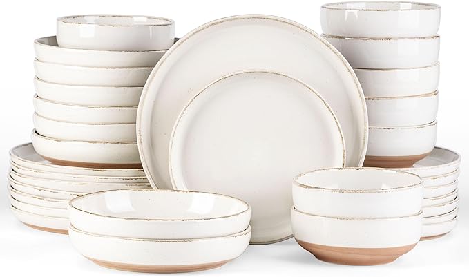 AmorArc Ceramic Dinnerware Sets with Pasta Bowls for 8, Handpainted Plates and Bowls Set with Rustic Terracotta Underside, Scratch Resistant Dishes Set, Dishwasher & Microwave Safe, 32 Pcs