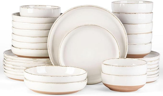 AmorArc Ceramic Dinnerware Sets with Pasta Bowls for 8, Handpainted Plates and Bowls Set with Rustic Terracotta Underside, Scratch Resistant Dishes Set, Dishwasher & Microwave Safe, 32 Pcs