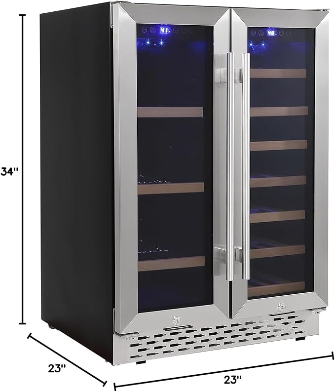 Dual Zone Wine and Beverage Refrigerator, Built-In or Freestanding, 19 Bottle 57 Can Capacity, Adjustable Racks, Quiet Compressor, Double Glass Door, Digital Control, Mini Fridge for Home Bar Kitchen