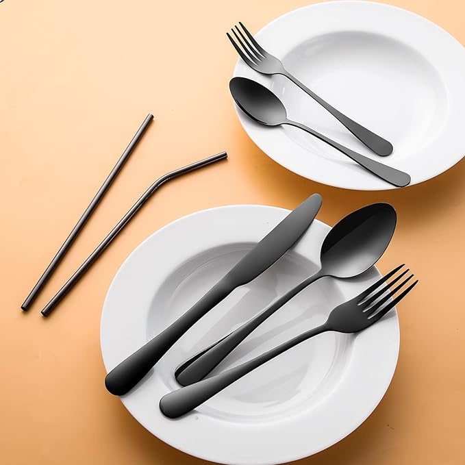 84 Pieces Black Silverware Set Service for 12 Flatware Set with Straws Stainless Steel Utensils Cutlery Set Dishwasher Safe