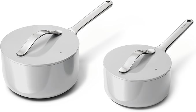 Caraway Nonstick Ceramic Sauce Pans with Lids (3 qt & 1.75 qt) - Non Toxic, PTFE & PFOA Free - Oven Safe & Compatible with All Stovetops (Gas, Electric & Induction) - Gray