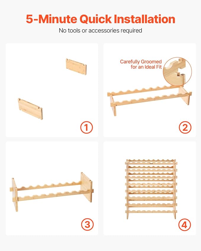 VEVOR 8-Tier 72 Bottles Stackable Modular Wine Rack, Freestanding Wines Holder Display Shelf, Solid Bamboo Wood Storage Racks, Wobble-Free Shelves for Kitchens, Dining Rooms, Cellars, Natural Color