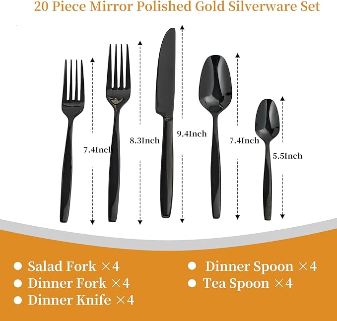 Black 20-Piece Silverware Set,Stainless Steel Flatware Utensils Cutlery Set for 4,Including Steak Knife Fork and Spoon,Dishwasher Safe,Modern Tableware for Home & Dining