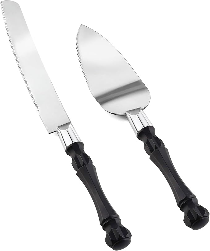 Homi styles Black Cake Knife and Server Set, Cake Cutter and Pie Spatula, Cake Server and Knife Set of 2 with Non-Slip Swirl Grip, Matte Black Cake Cutting Set for Wedding Cake, Birthdays, and Parties