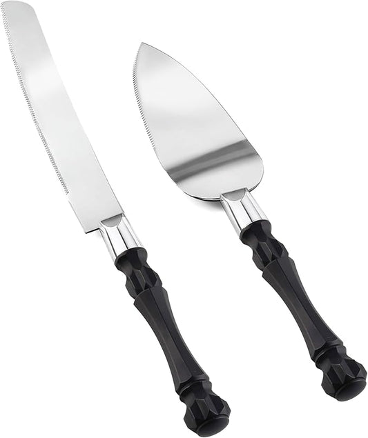 Homi styles Black Cake Knife and Server Set, Cake Cutter and Pie Spatula, Cake Server and Knife Set of 2 with Non-Slip Swirl Grip, Matte Black Cake Cutting Set for Wedding Cake, Birthdays, and Parties