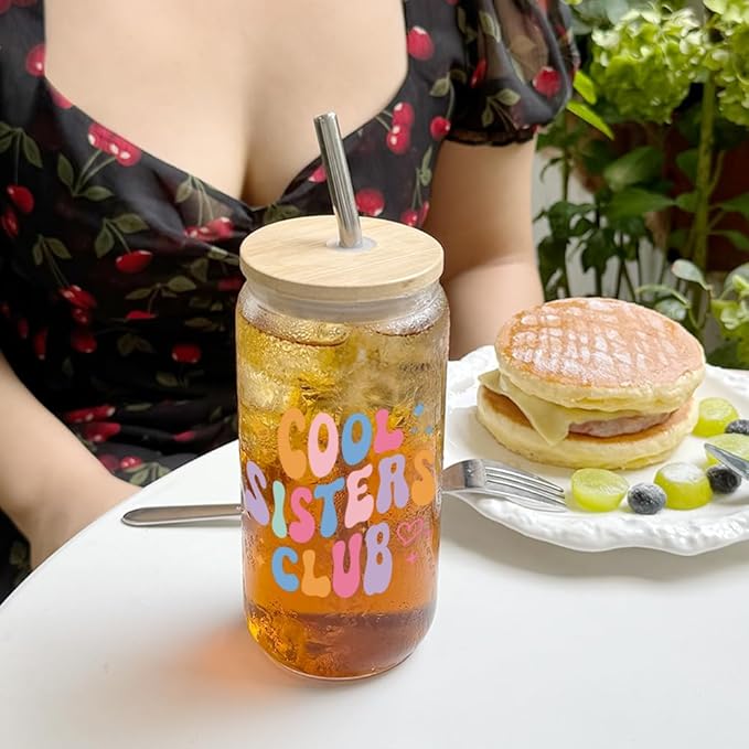 Cool Sister Club,Cute Sister Birthday Gifts for Women,Christmas,Thanksgiving Gifts for Sisters in Law,Big Sis,Little Sis,16oz Glass Coffee Cups with Lids and Straw -65