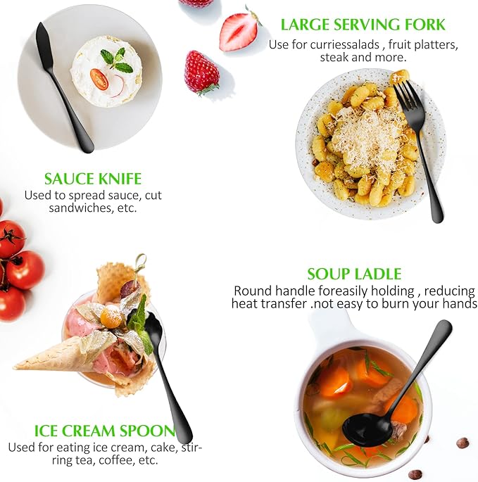 12 Pieces Black Serving Utensils, Stainless Steel Fine Vintage Serving Utensils with Serving Spoons Kitchen Mixing for Cake Server,Soup Ladle,Butter,Stirring,Tongs Ect Decorate Wedding